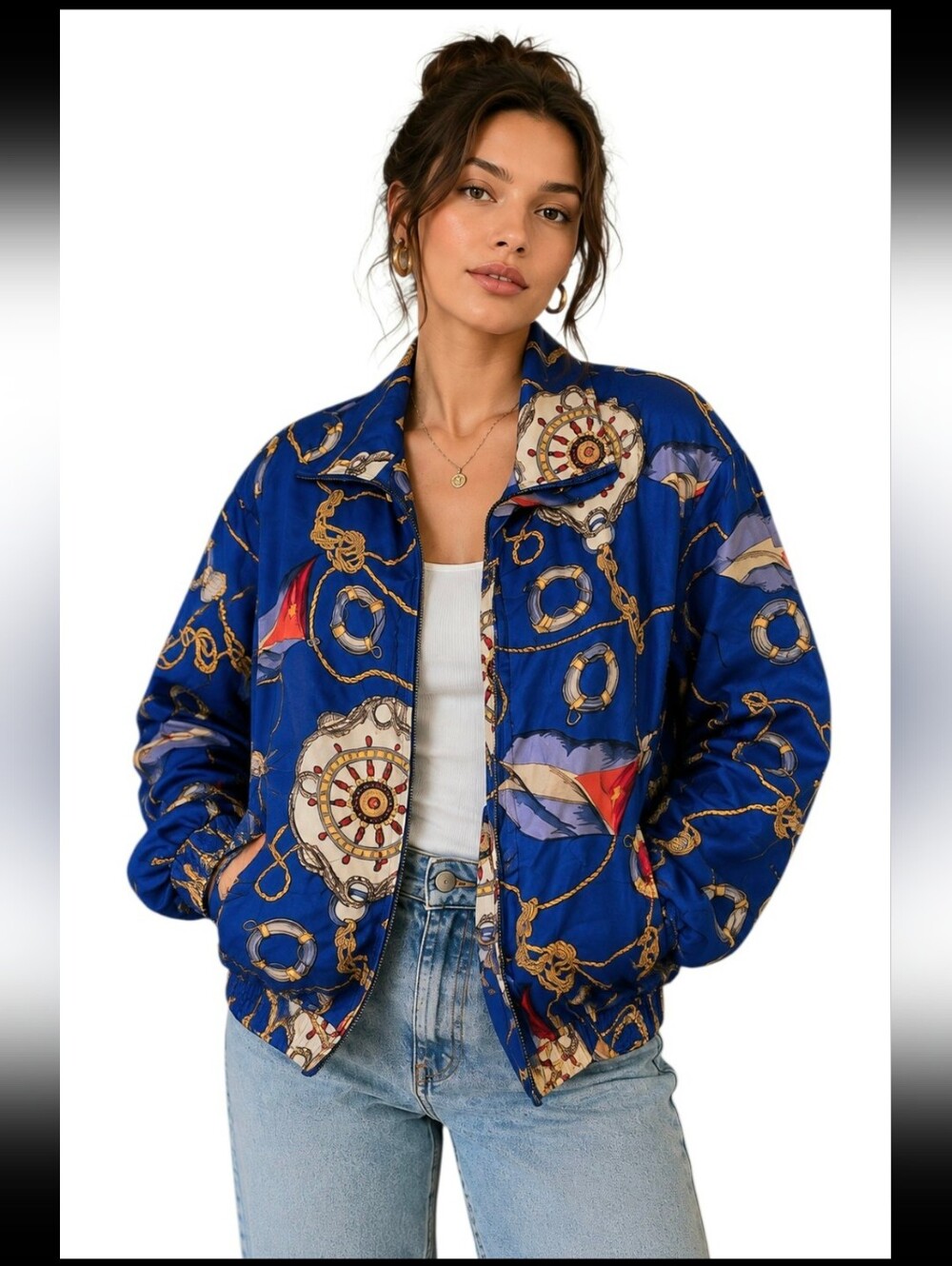 Vintage COACO 100% Silk Nautical Print Windbreaker bomber Jacket Blue. Med